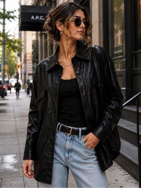 Vegan Leather Shacket Alice in the Eve Black Oversized Button Front Jacket M